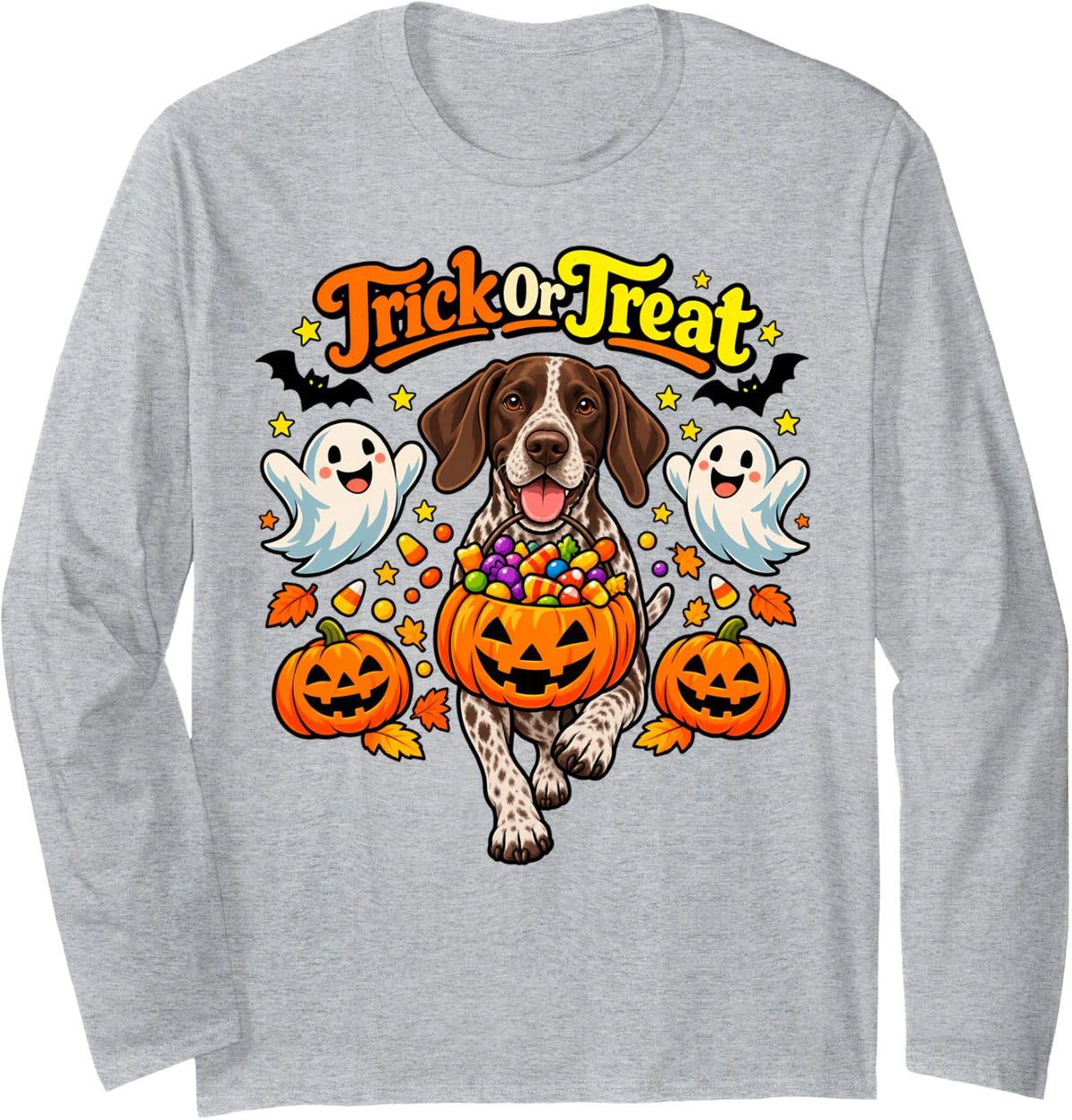 Trick or Treat German Shorthaired Pointer Dog Halloween Long Sleeve T-Shirt - Adult Unisex Heather Grey