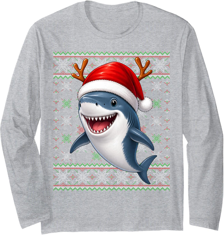Shark Christmas Ugly Sweaters Festive Sea Animal Shark Xmas Long Sleeve T-Shirt - Adult Unisex Heather Grey