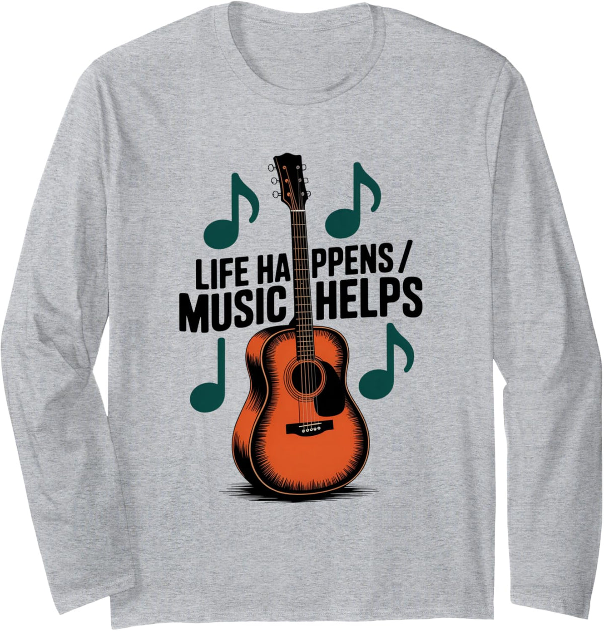 Music Helps Guitar Musician Long Sleeve T-Shirt - Adult Unisex Heather Grey