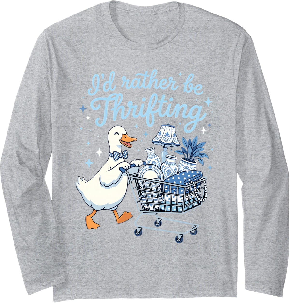 Thrift Store Duck Blue Porcelain Thrifting Thrifter Long Sleeve T-Shirt - Adult Unisex Heather Grey