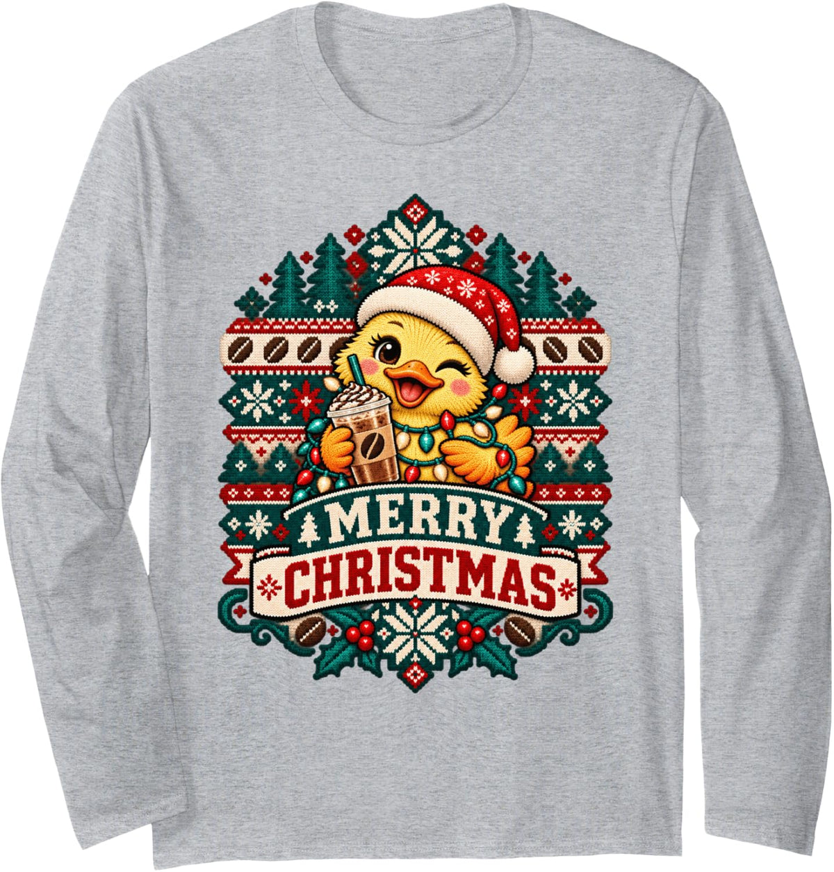 Merry Christmas Duck Cheerful Ice Coffee Winter Holiday Long Sleeve T-Shirt - Adult Unisex Heather Grey