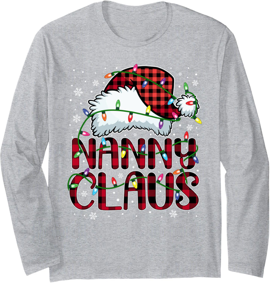 Merry Christmas Buffalo Plaid Red Santa Hat Nanny Claus Long Sleeve T-Shirt - Adult Unisex Heather Grey