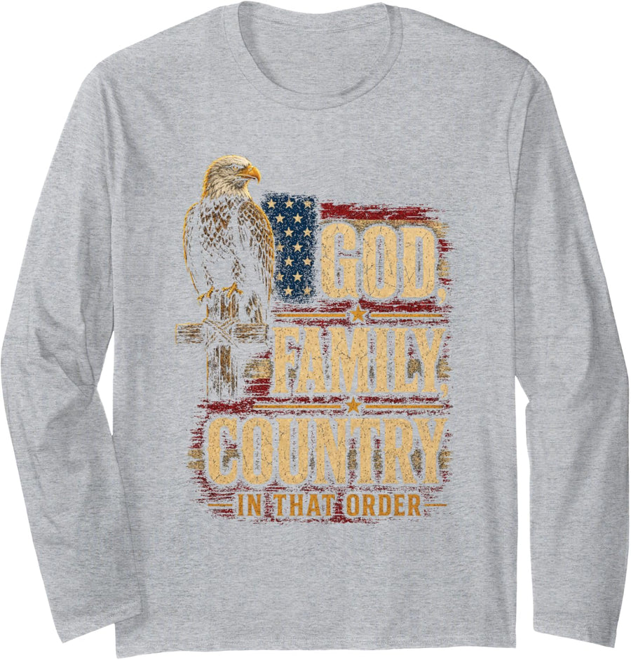 Patriotic Christian God Family Country Bald Eagle Flag Long Sleeve T-Shirt - Adult Unisex Heather Grey