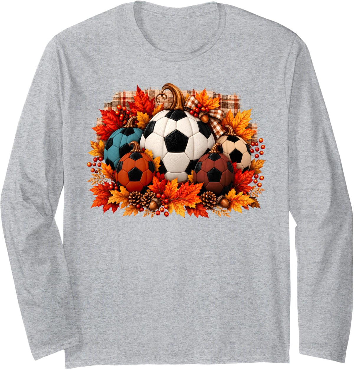 Soccer Pumpkins Autumn Fall Vibes Thanksgiving Boys Men Kids Long Sleeve T-Shirt - Adult Unisex Heather Grey