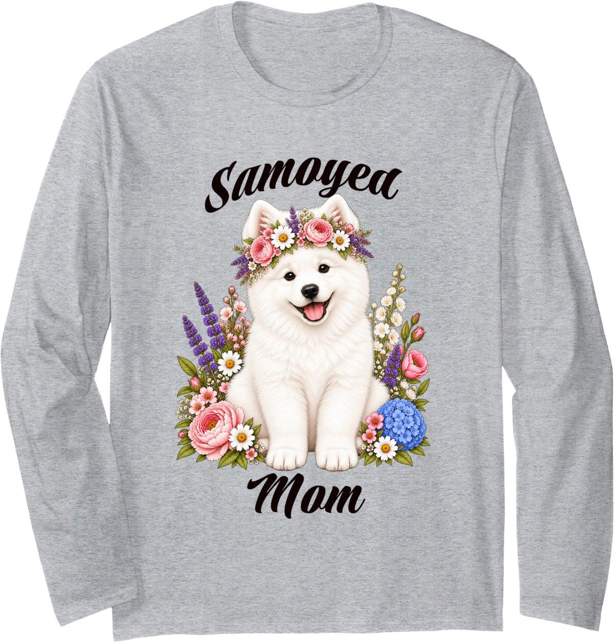 Samoyed Mom Dog Cute Floral Adorable Puppy Crown Flowers Long Sleeve T-Shirt - Adult Unisex Heather Grey