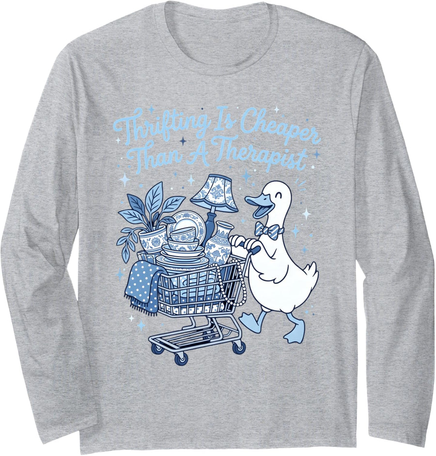 Thrift Store Blue Duck Therapy Thrifting Thrifter Long Sleeve T-Shirt - Adult Unisex Heather Grey