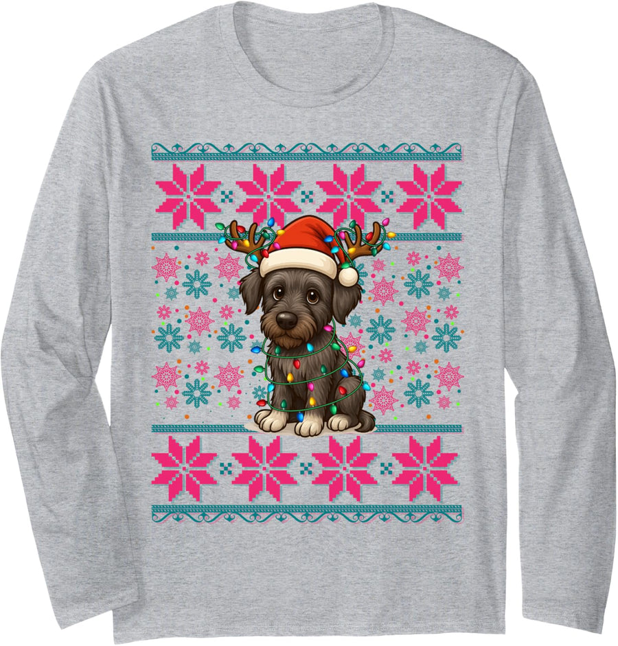 Reindeer Santa Hat Ugly Christmas Irish Wolfhound Dog Girls Long Sleeve T-Shirt - Adult Unisex Heather Grey