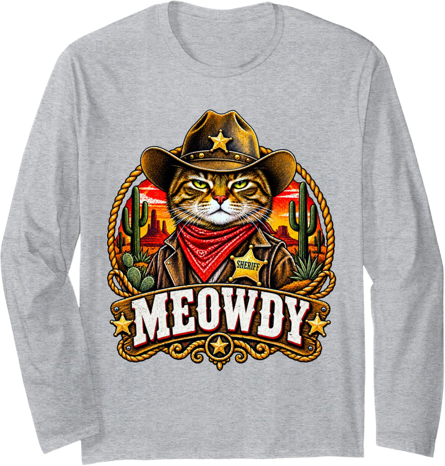 Meowdy Tabby Cat Sheriff Dad Joke Cowboy Pun Western Meme Long Sleeve T-Shirt - Adult Unisex Heather Grey