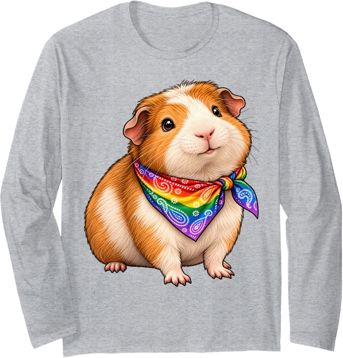 Rainbow Bandana Guinea Pig Pride Long Sleeve T-Shirt - Adult Unisex Heather Grey