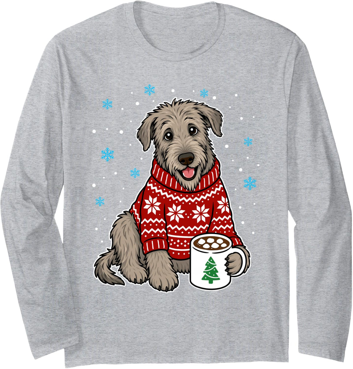 Irish Wolfhound in Christmas Sweater Funny Irish Wolfhound Long Sleeve T-Shirt - Adult Unisex Heather Grey