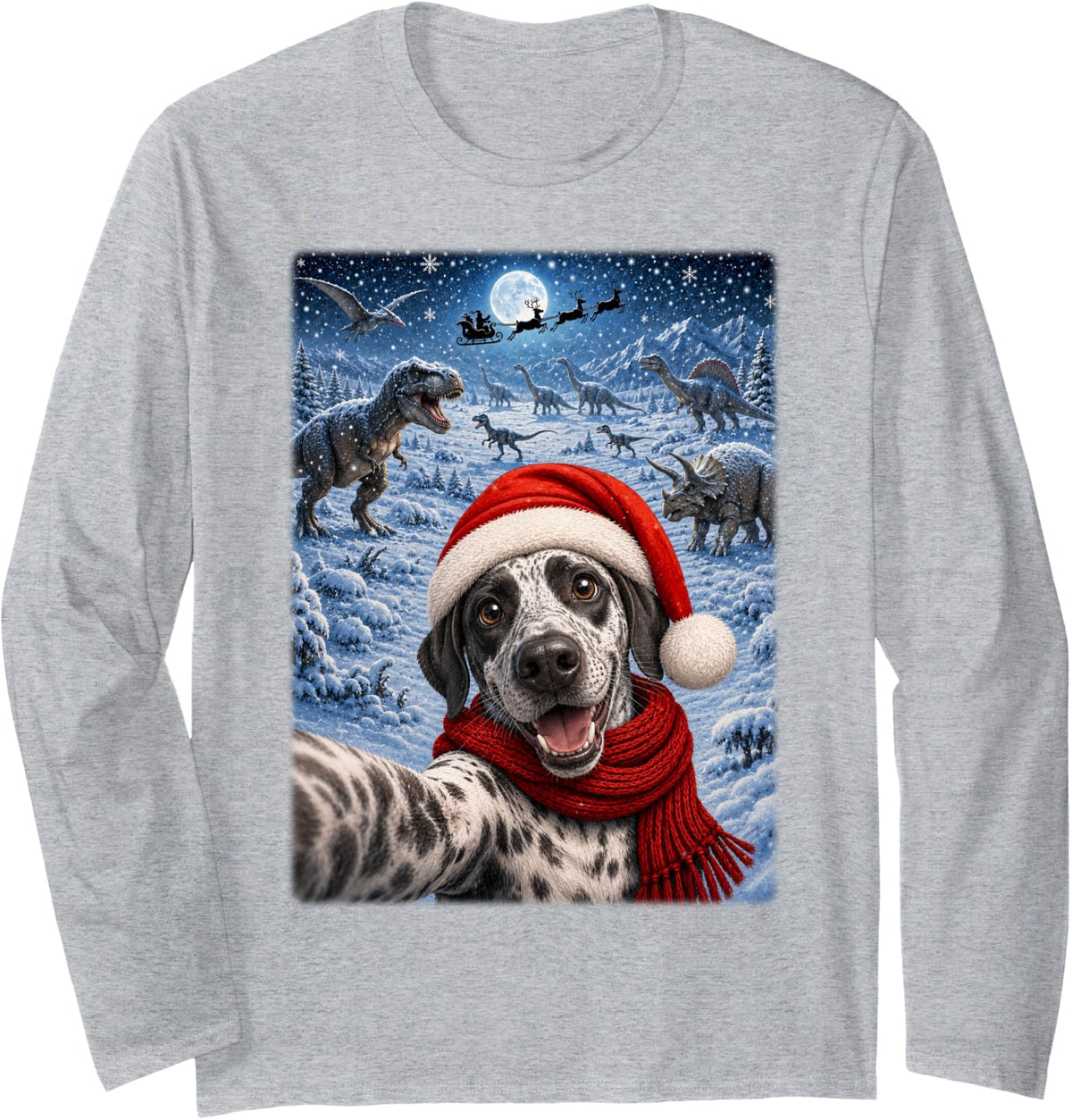 German Shorthaired Pointer Dog Christmas Moon Dinosaurs Xmas Long Sleeve T-Shirt - Adult Unisex Heather Grey