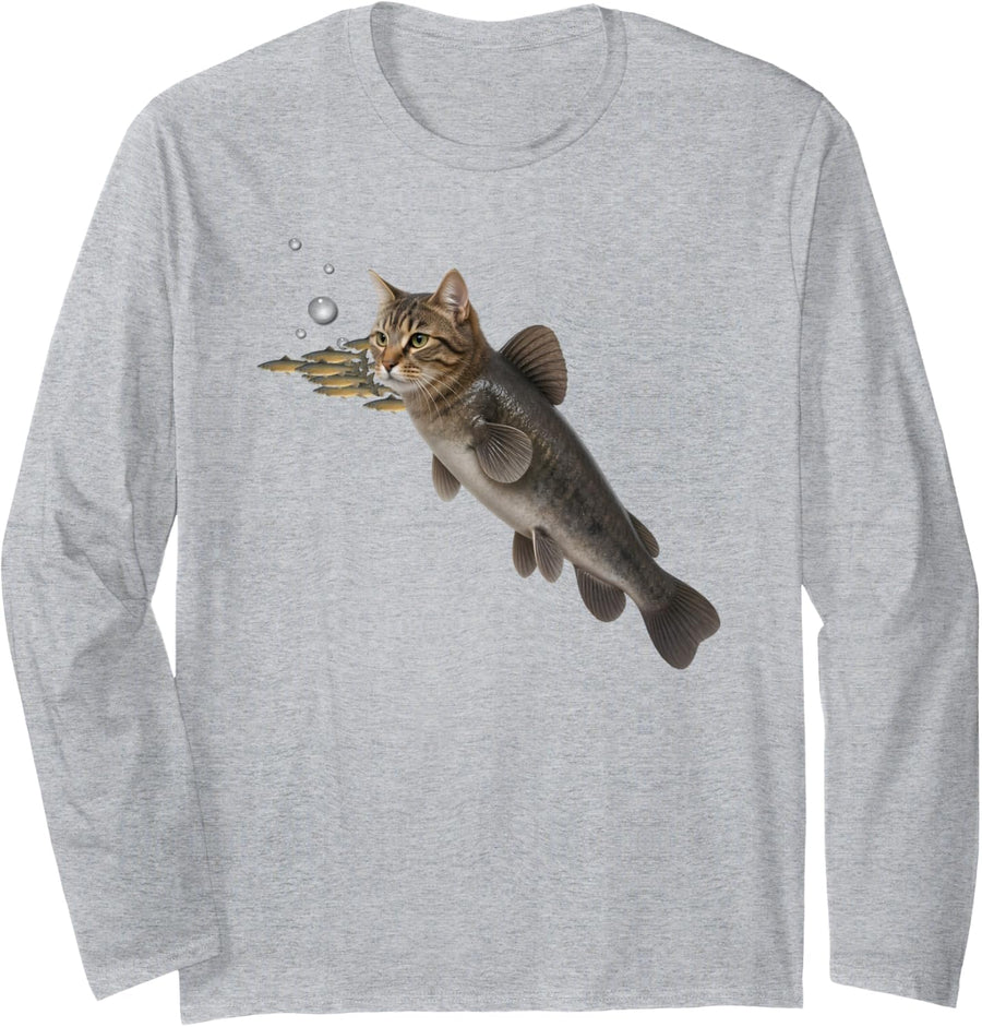 Tabby Catfish Cat Fish Pun Funny Long Sleeve T-Shirt - Adult Unisex Heather Grey