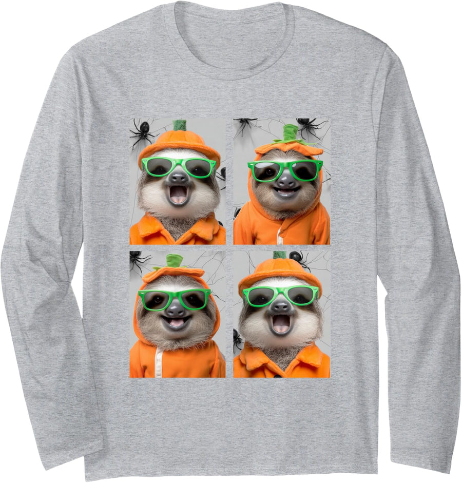 Cute Sloths with Sunglasses Pumpkin Costume Funny Halloween Long Sleeve T-Shirt - Adult Unisex Heather Grey