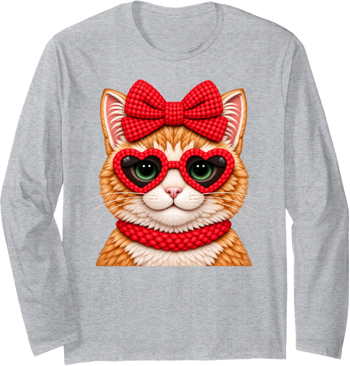 Orange Tabby Red Bow Heart Sunglasses Cute Cat Valentine Long Sleeve T-Shirt - Adult Unisex Heather Grey