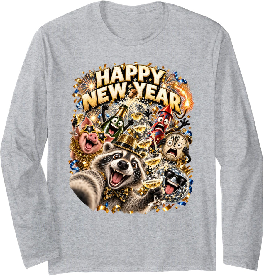 Happy New Year Raccoon Selfie Toast Glass Party Art Long Sleeve T-Shirt - Adult Unisex Heather Grey