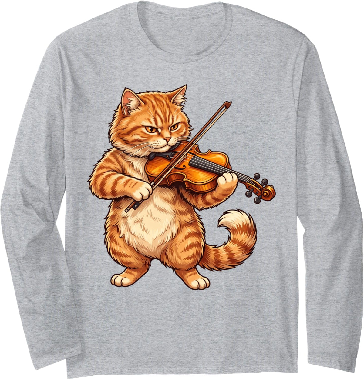 Grumpy Orange Tabby Cat Playing Violin Funny Violinist Long Sleeve T-Shirt - Adult Unisex Heather Grey