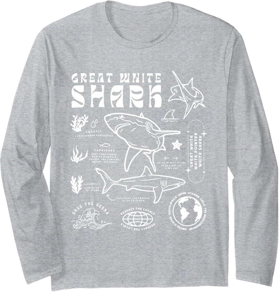 Great White Shark Anatomy Marine Biologist Long Sleeve T-Shirt - Adult Unisex Heather Grey