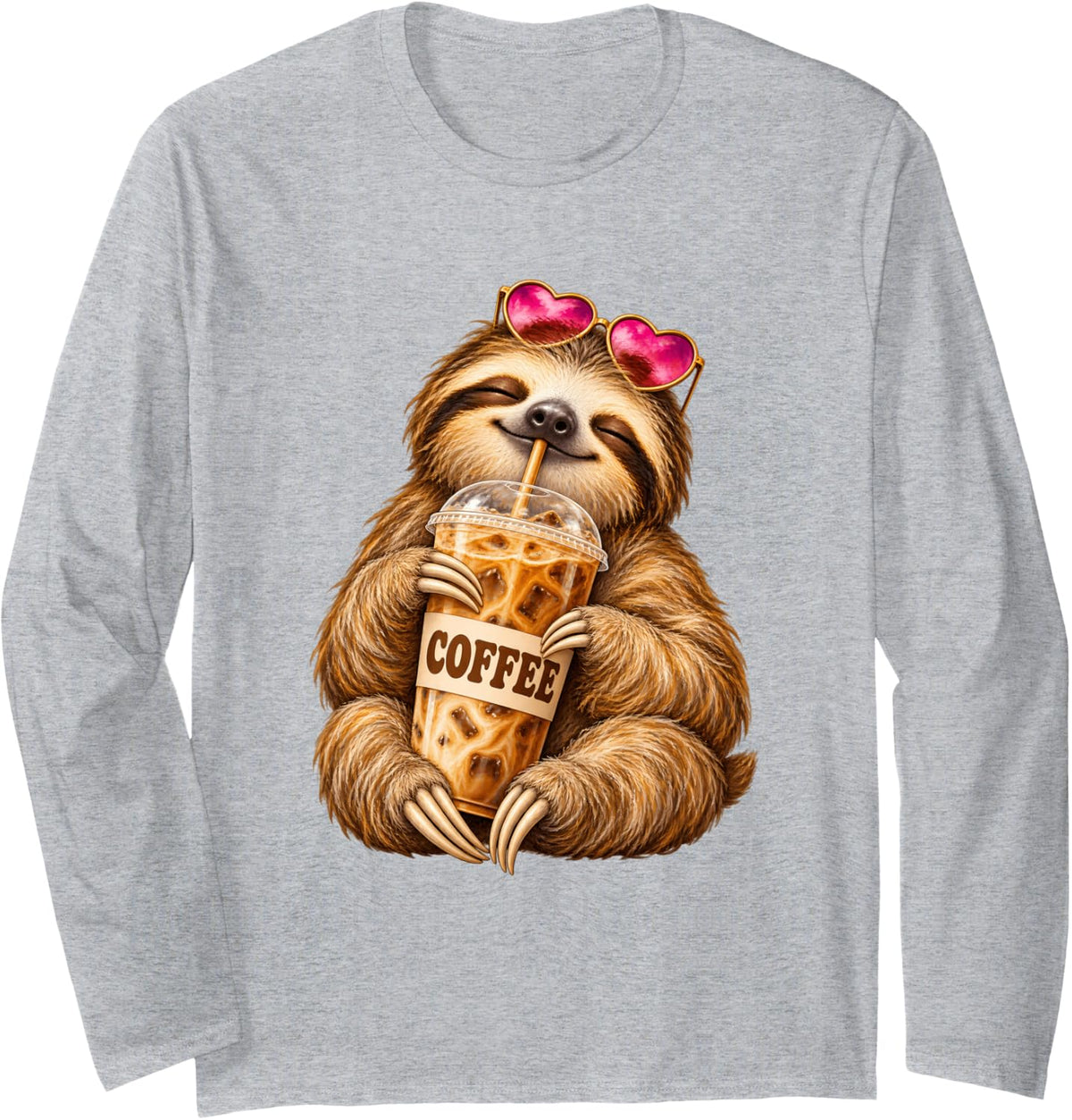 Sloth Iced Coffee, Cute Sloth Lover Coffee Drinker Long Sleeve T-Shirt - Adult Unisex Heather Grey