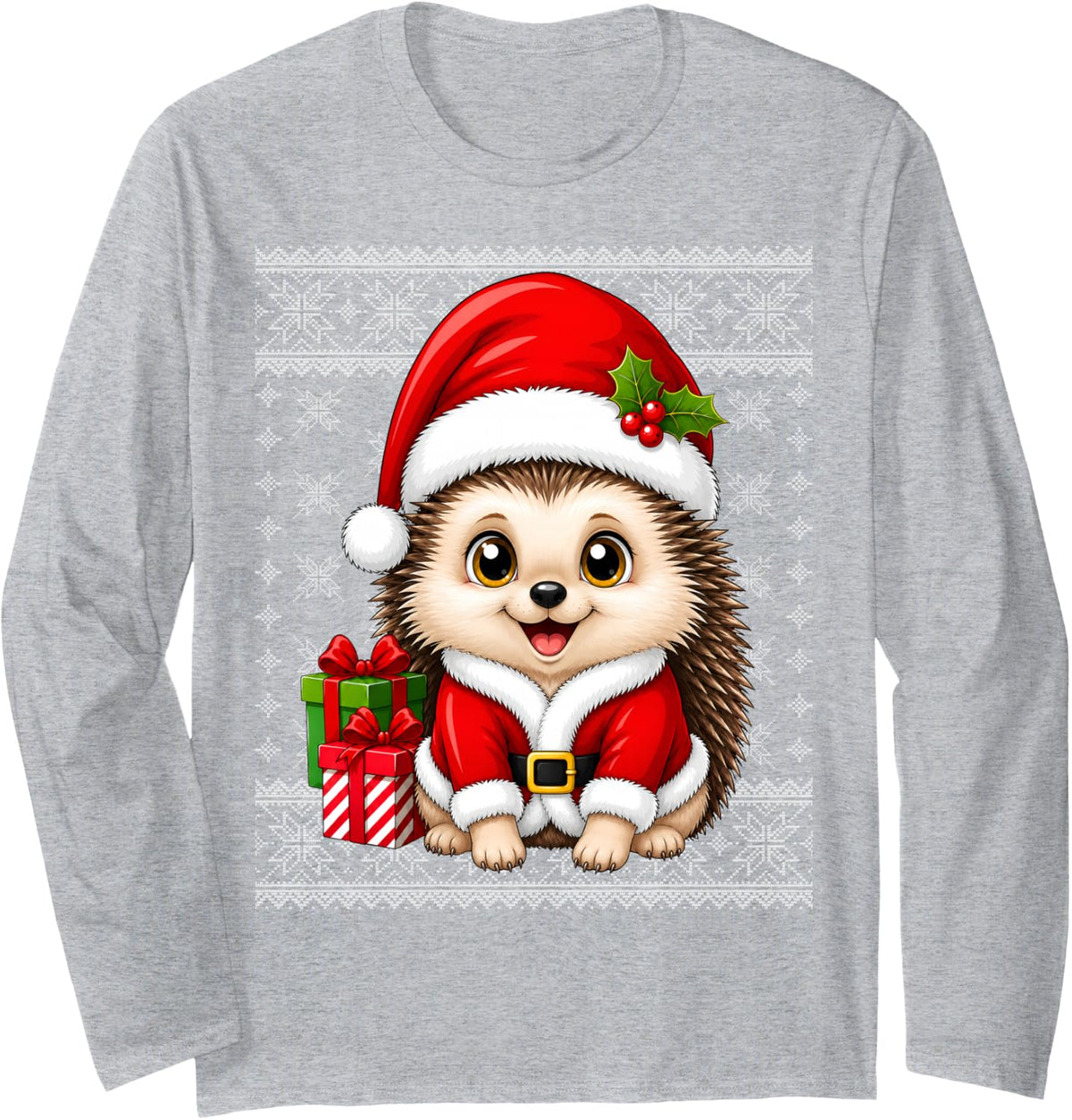 Cute Hedgehog in Christmas Santa Costume Ugly Sweaters Xmas Long Sleeve T-Shirt - Adult Unisex Heather Grey