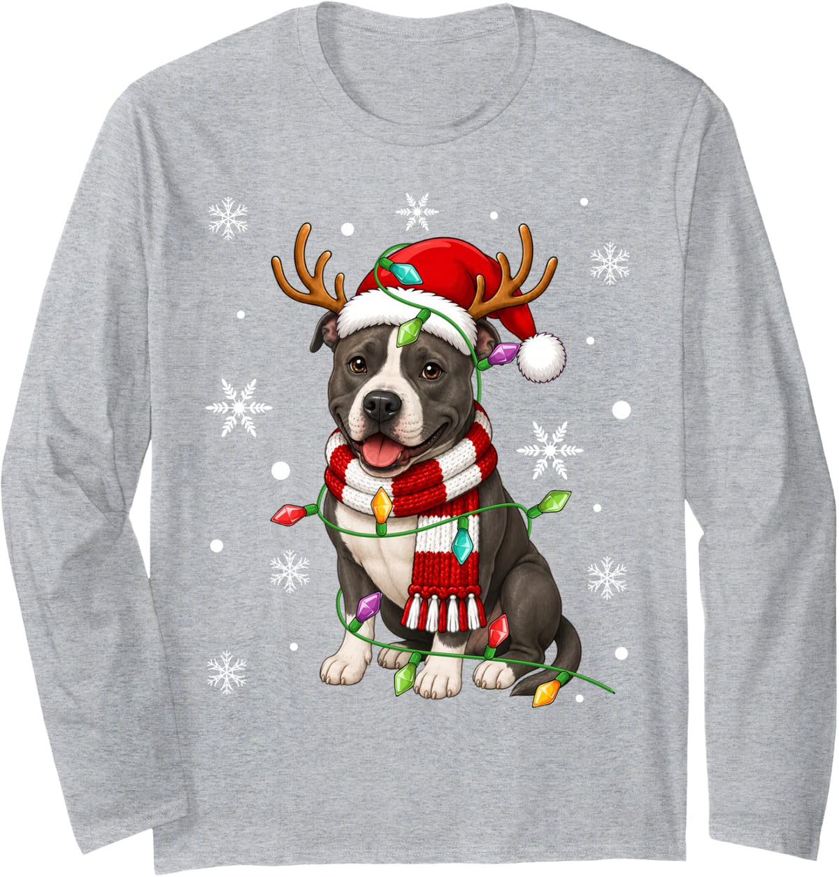 American Staffordshire Terrier Dog Christmas Lights Xmas Long Sleeve T-Shirt - Adult Unisex Heather Grey