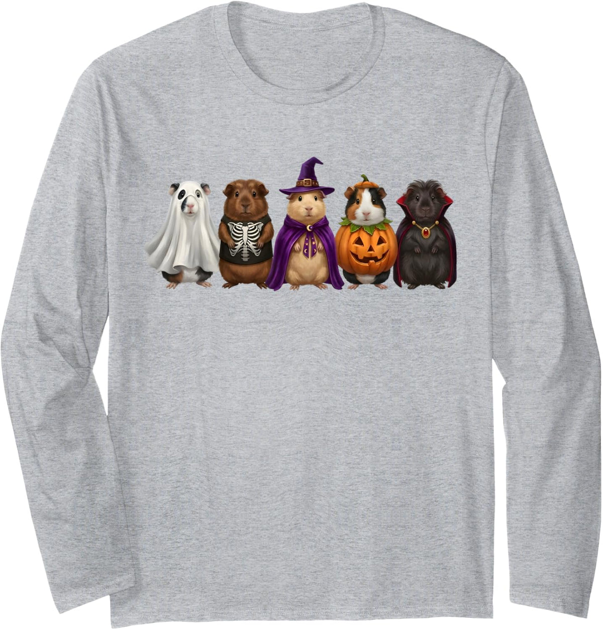 Creepy Guinea Pigs Halloween Spooky Ghost Vampire Guinea Pig Long Sleeve T-Shirt - Adult Unisex Heather Grey