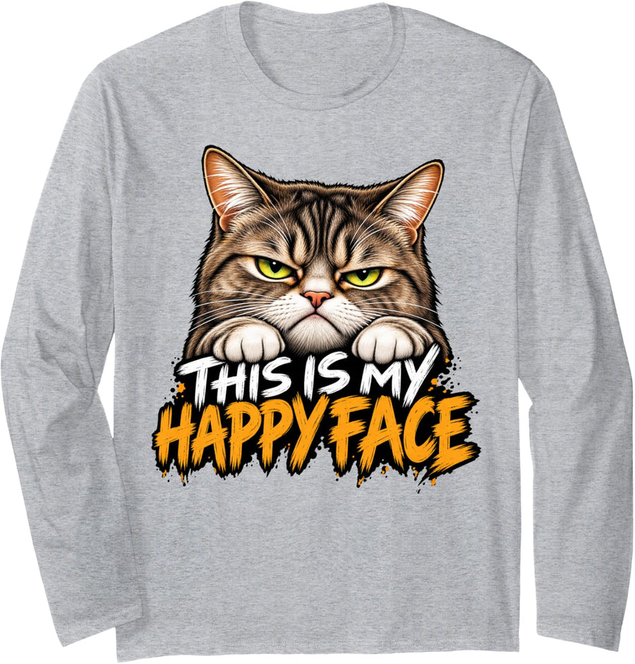 This is My Happy FACE Tabby Cat Funny Feline Sarcasm Humor Long Sleeve T-Shirt - Adult Unisex Heather Grey