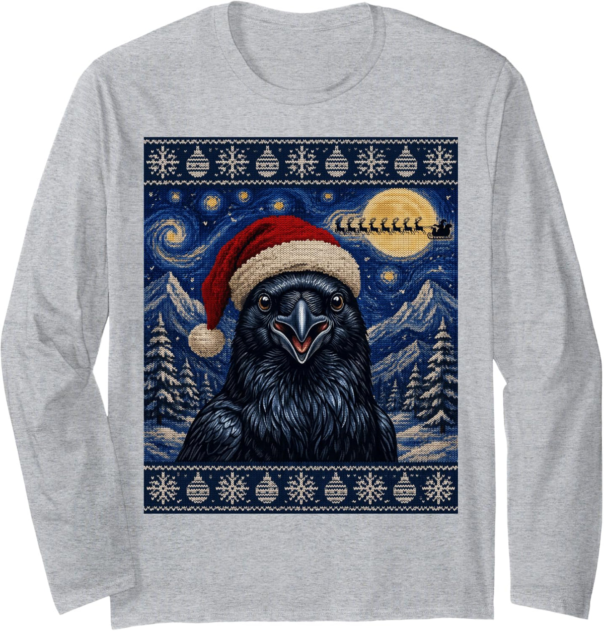 Raven Bird Santa Ugly Christmas Long Sleeve T-Shirt - Adult Unisex Heather Grey