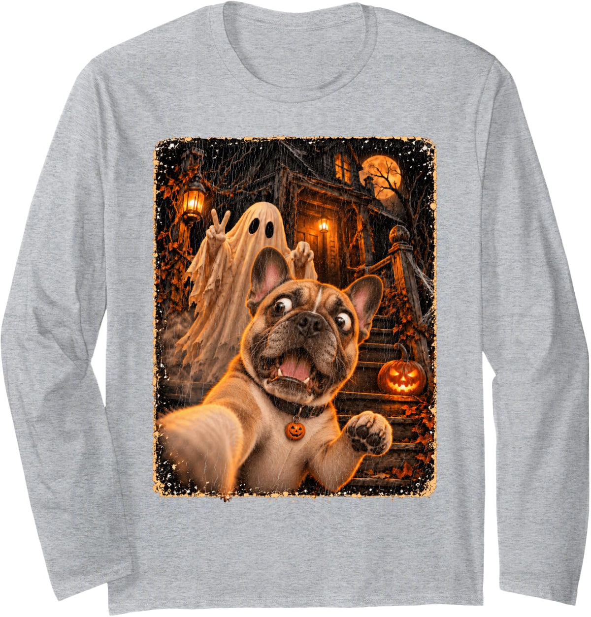 French Bulldog Selfie Ghost Long Sleeve T-Shirt - Adult Unisex Heather Grey