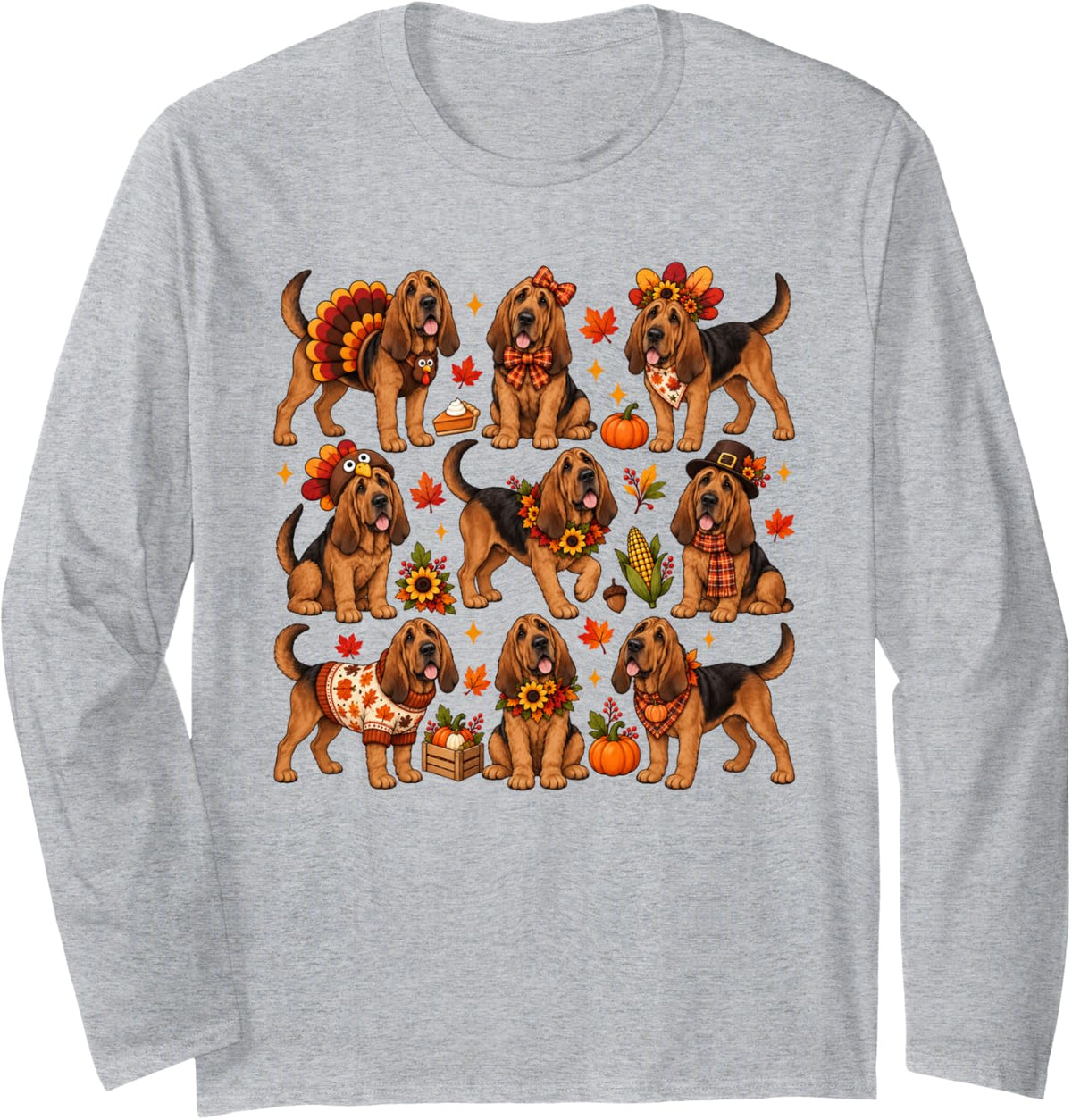 Cute Bloodhound Dog Turkey Thanksgiving Fall Autumn Costume Long Sleeve T-Shirt - Adult Unisex Heather Grey
