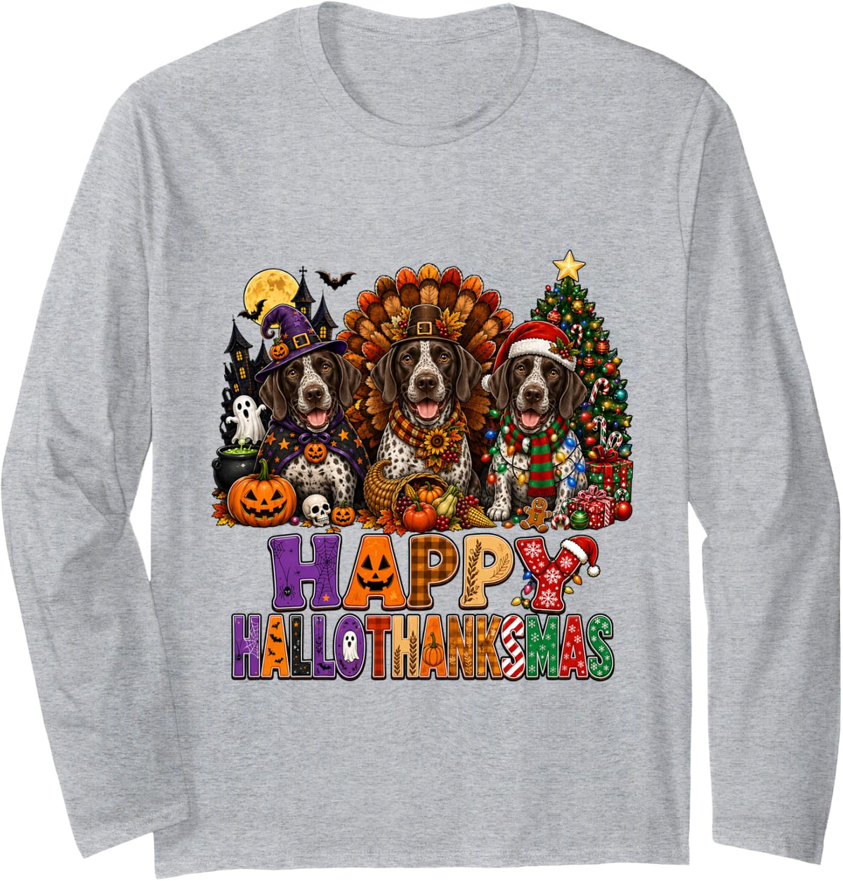 Halloween Thanksgiving Christmas German Shorthaired Pointer Long Sleeve T-Shirt - Adult Unisex Heather Grey