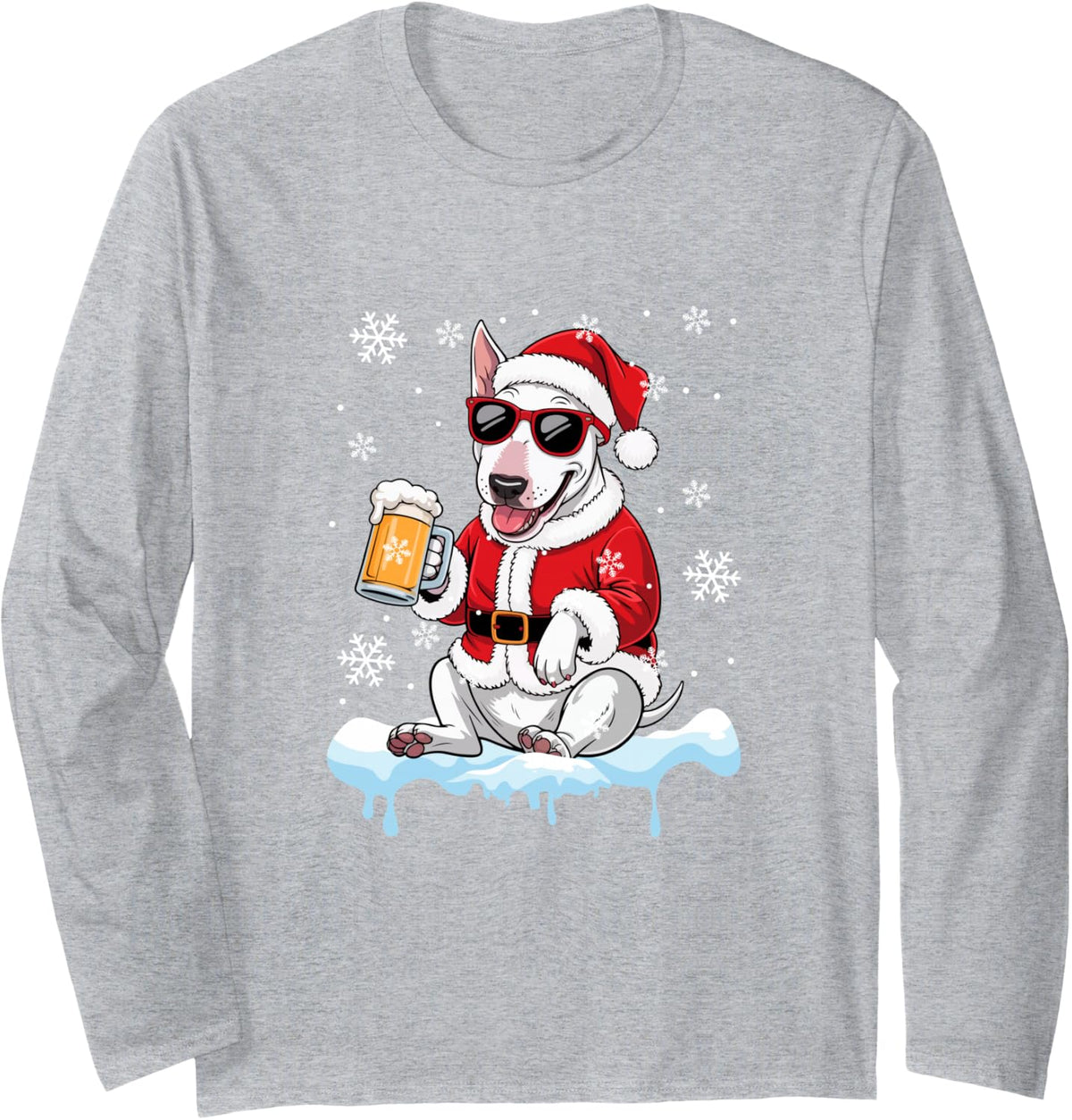 Santa Bull Terrier Sunglasses Drinking Beer Christmas Owner Long Sleeve T-Shirt - Adult Unisex Heather Grey