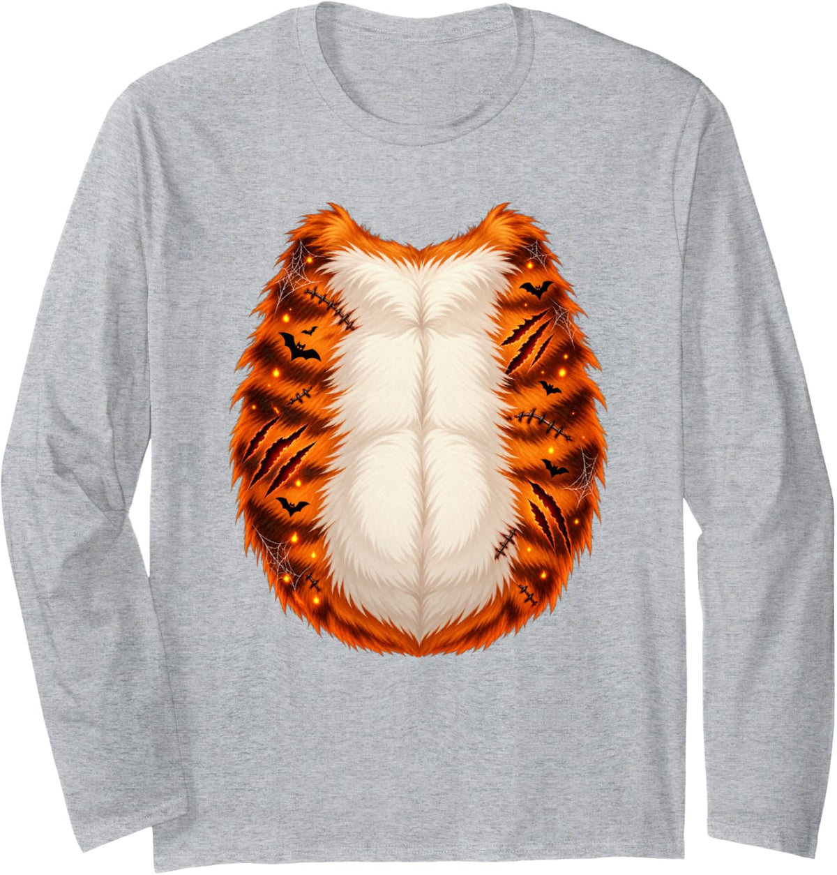Halloween Cat Belly Costume Realistic Orange Tabby Body Long Sleeve T-Shirt - Adult Unisex Heather Grey