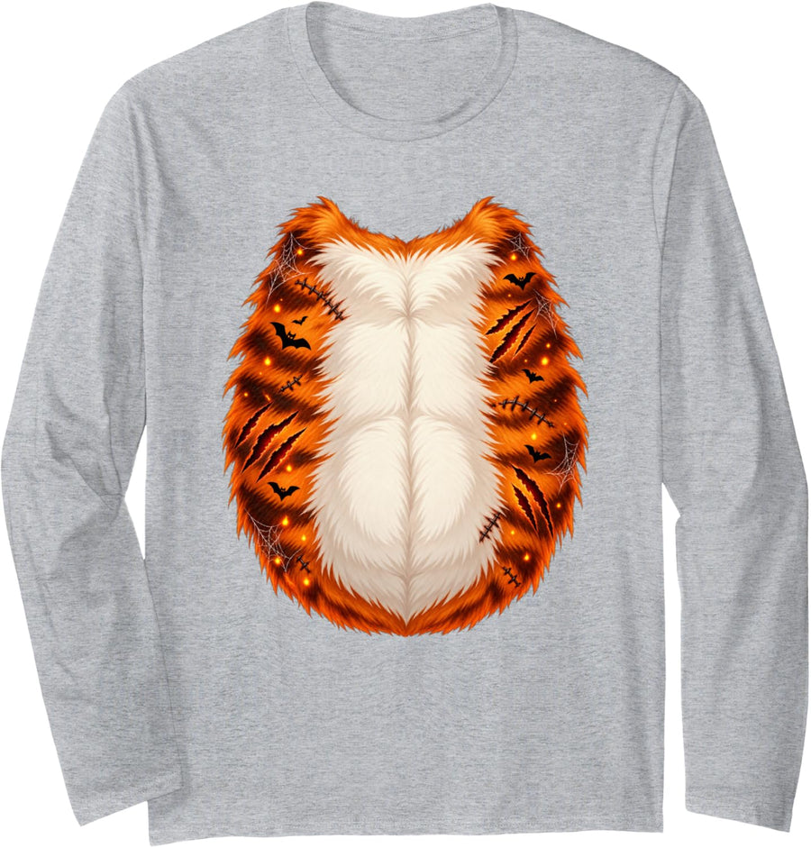 Halloween Cat Belly Costume Realistic Orange Tabby Body Long Sleeve T-Shirt - Adult Unisex Heather Grey