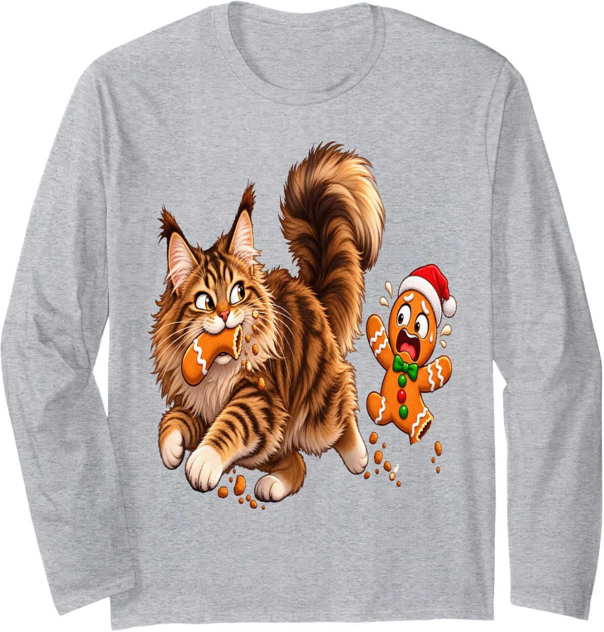 Funny Tabby Cat Christmas Gingerbread Cookie Chase Long Sleeve T-Shirt - Adult Unisex Heather Grey
