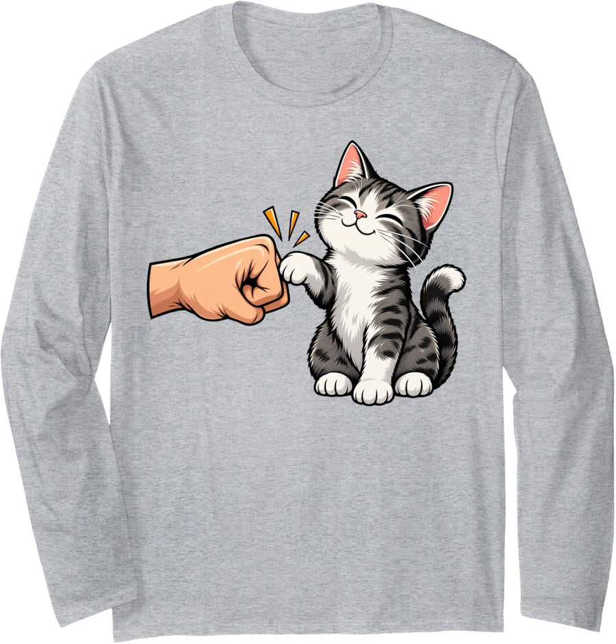 Cute Tabby Cat Fist Bump Paw Funny Feline Friendship Art Long Sleeve T-Shirt - Adult Unisex Heather Grey