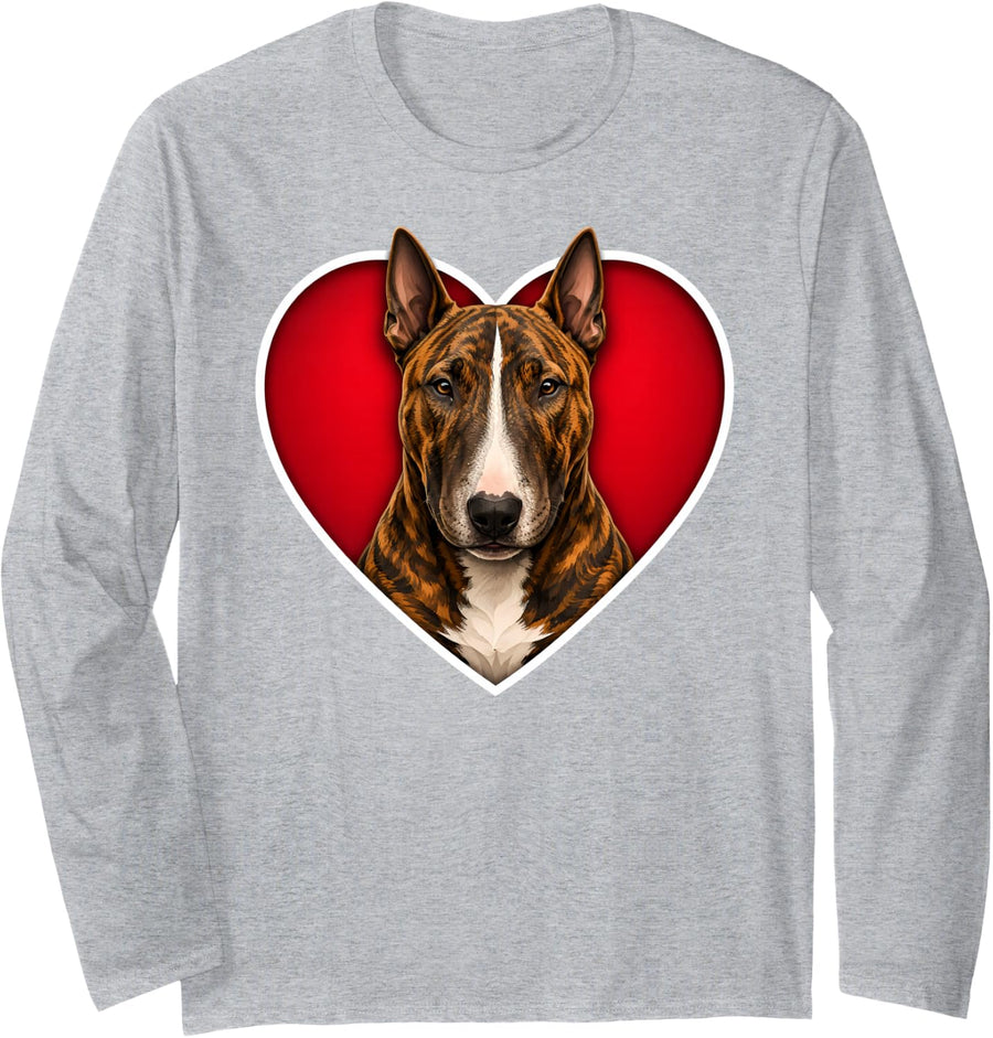 Brindle Bull Terrier Heart Long Sleeve T-Shirt - Adult Unisex Heather Grey