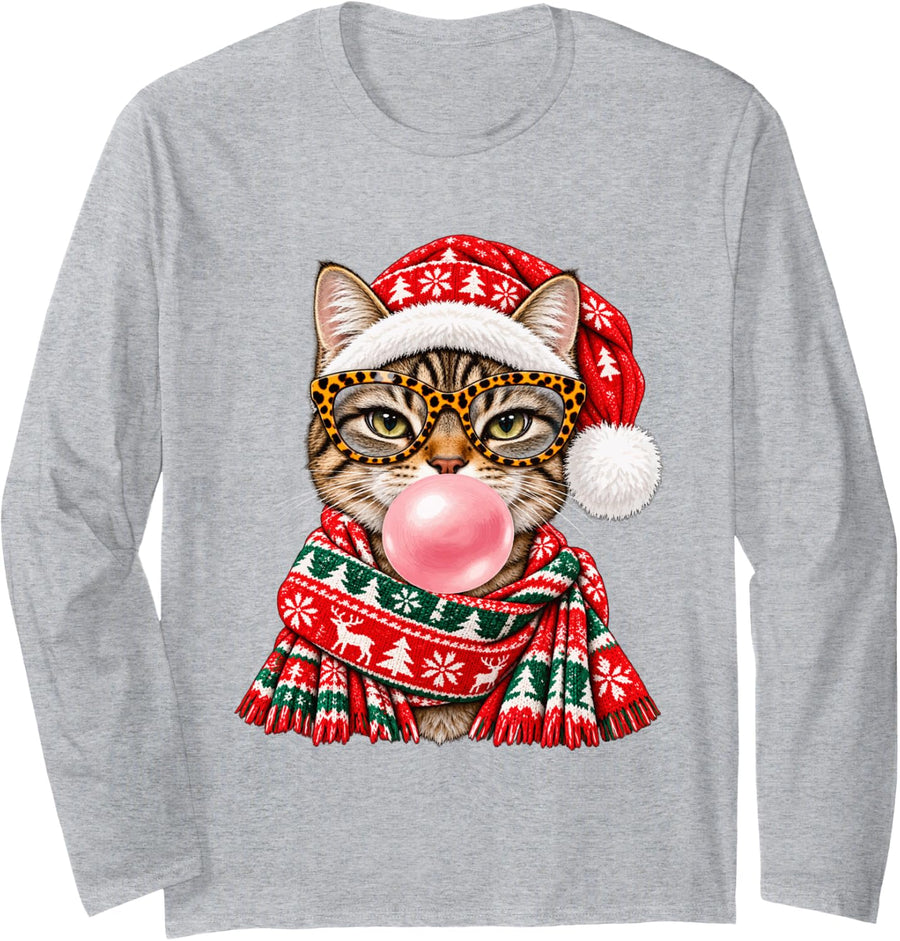 Fun Christmas Tabby Cat with Bubblegum Festive Kitten Xmas Long Sleeve T-Shirt - Adult Unisex Heather Grey