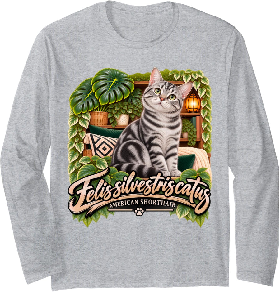 American Shorthair Cat Felis Silvestris Catus Tabby Long Sleeve T-Shirt - Adult Unisex Heather Grey
