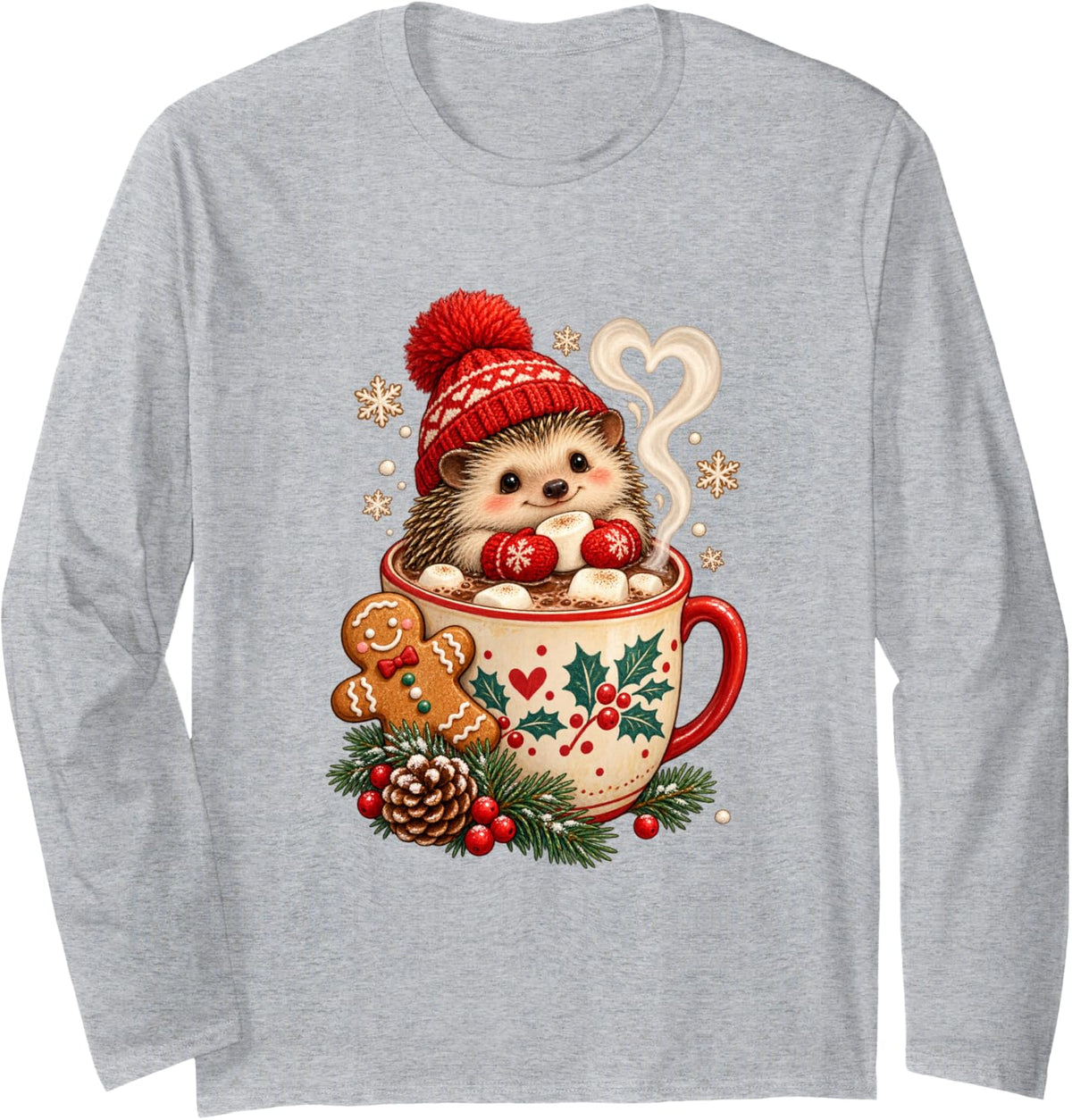 Cute Hedgehog Hot Cocoa Christmas Cozy Winter Holiday Long Sleeve T-Shirt - Adult Unisex Heather Grey