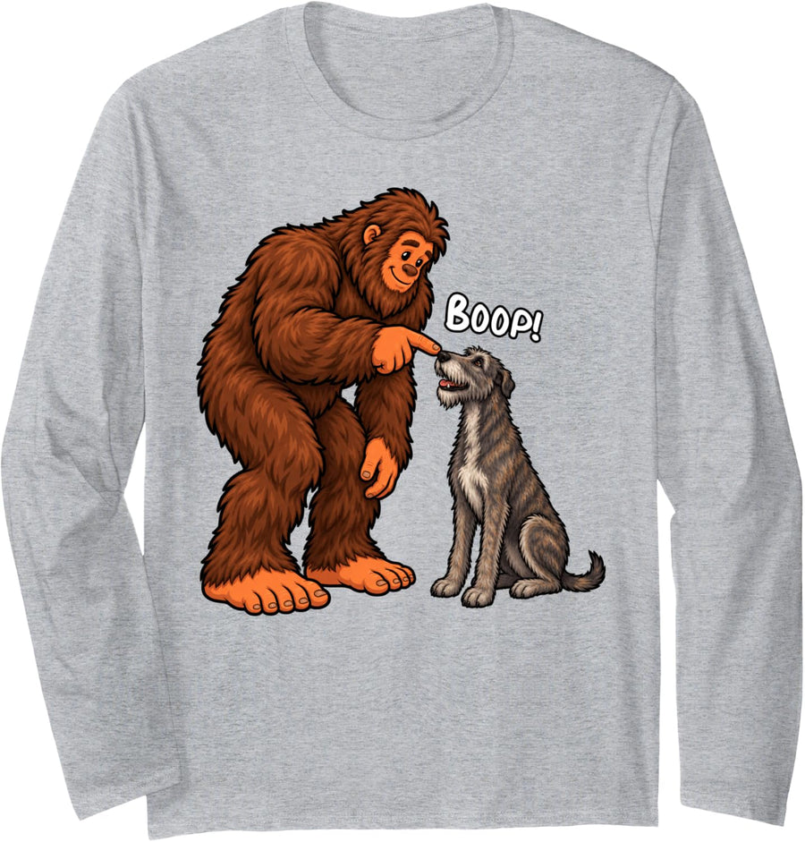 Bigfoot Boop Irish Wolfhound Funny Dog Lover Long Sleeve T-Shirt - Adult Unisex Heather Grey