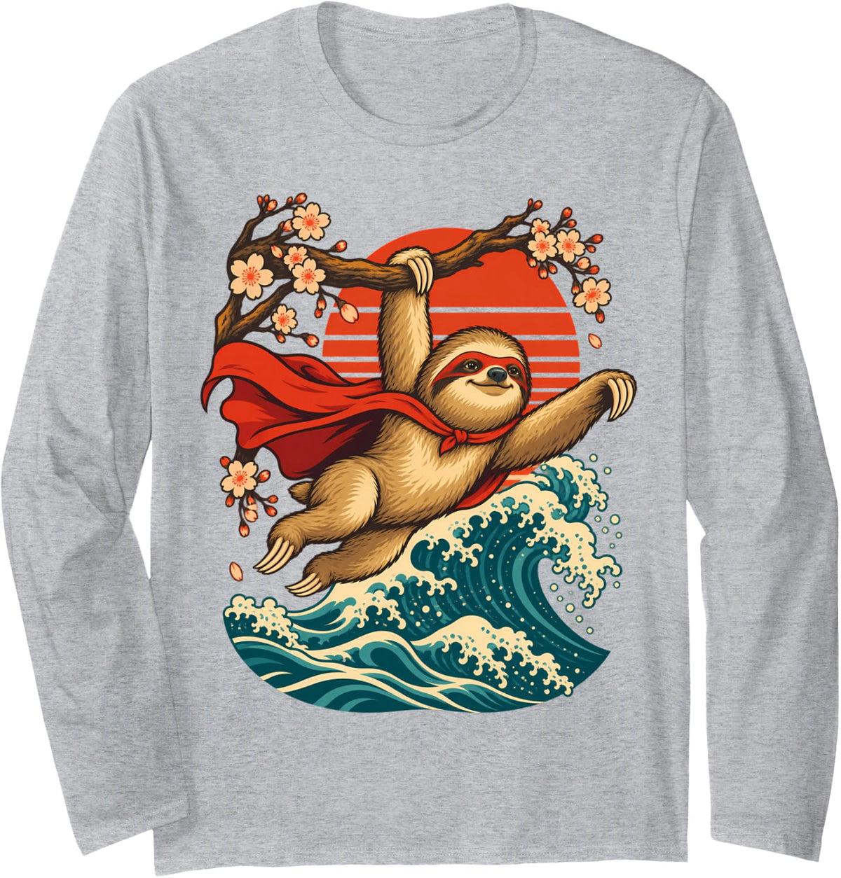 Funny Sloth Superhero, Retro Japanese Sloth Lover Long Sleeve T-Shirt - Adult Unisex Heather Grey