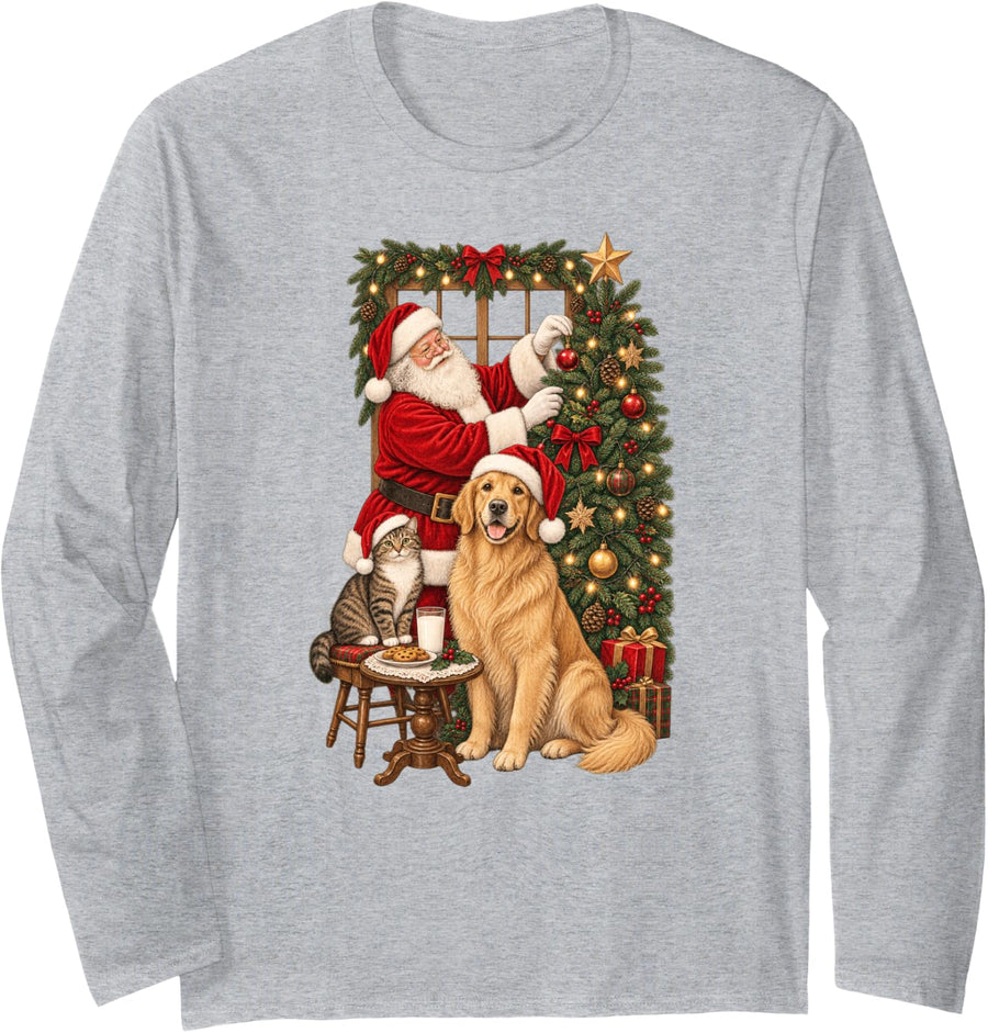 Christmas Cat Santa Holiday Long Sleeve T-Shirt - Adult Unisex Heather Grey