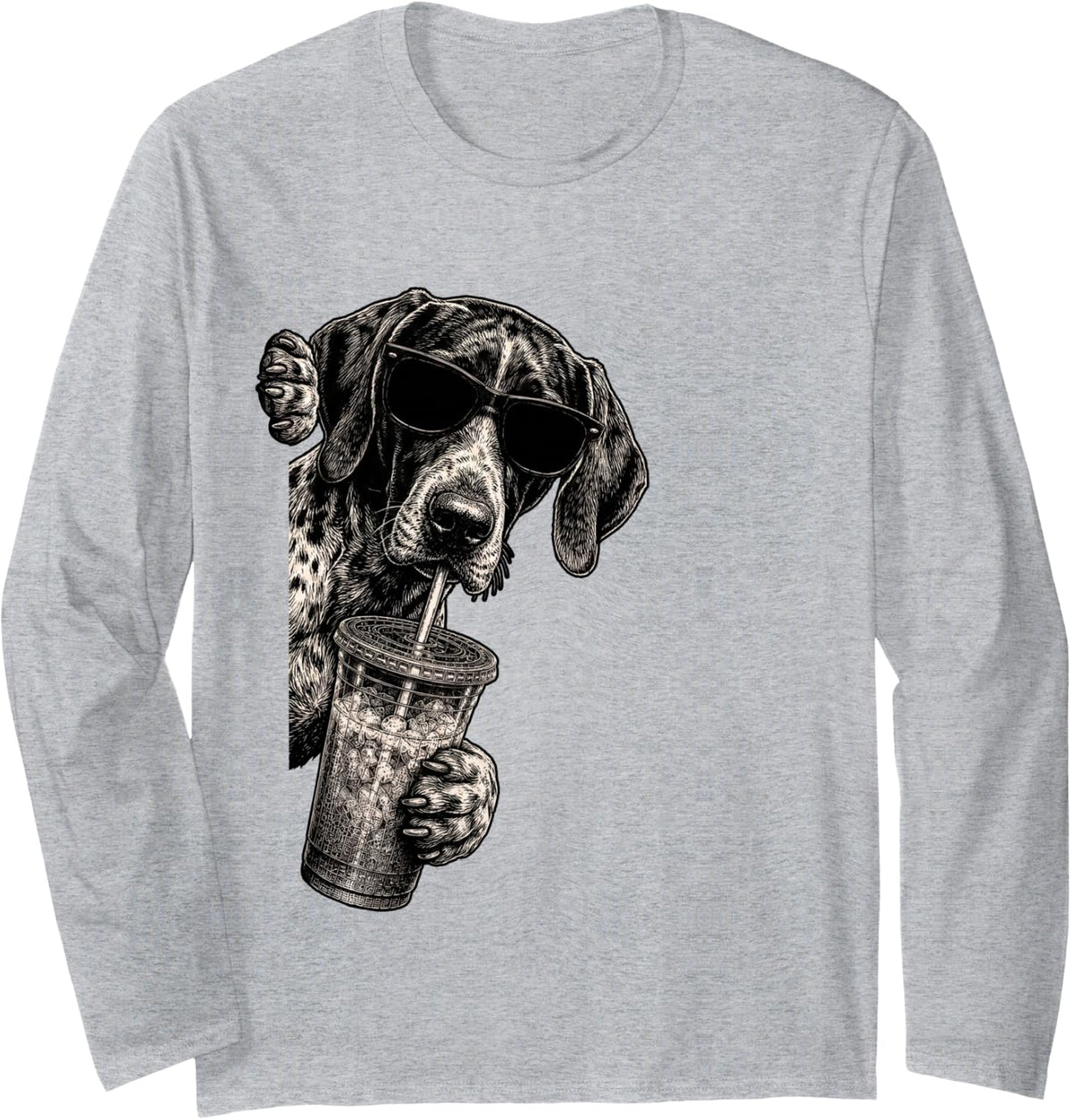 German Shorthaired Pointer Dog Peeking Drinking Iced Coffee Long Sleeve T-Shirt - Adult Unisex Heather Grey