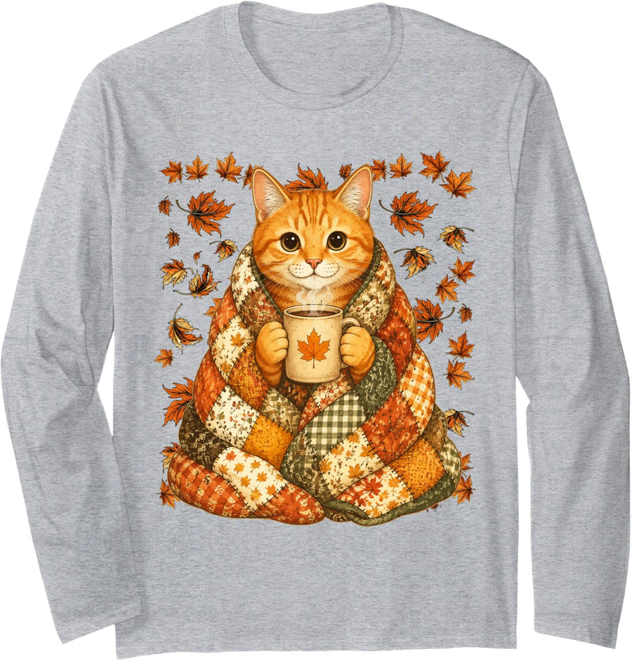 Orange Tabby Cat with Maple Leaves Cozy Autumn Kitten Fall Long Sleeve T-Shirt - Adult Unisex Heather Grey