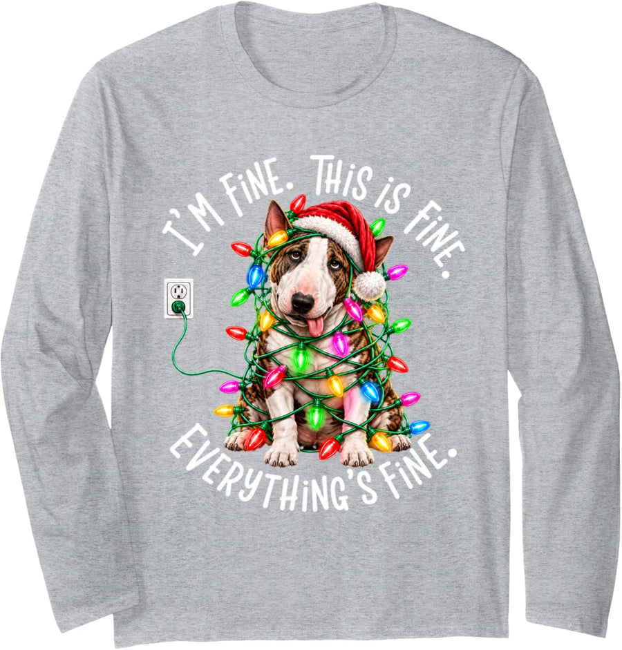 Funny Bull Terrier Christmas Lights Dog Lover Xmas Long Sleeve T-Shirt - Adult Unisex Heather Grey