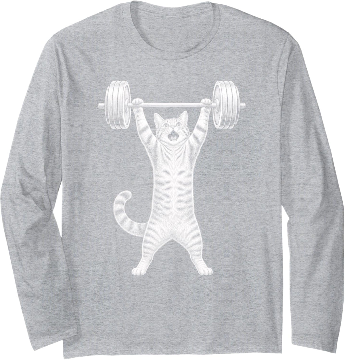 Weightlifting Tabby Cat Barbell Fitness Long Sleeve T-Shirt - Adult Unisex Heather Grey