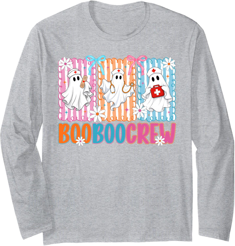Cute Boo Boo Crew Spooky Nurse Ghost Nursing Halloween Girls Long Sleeve T-Shirt - Adult Unisex Heather Grey