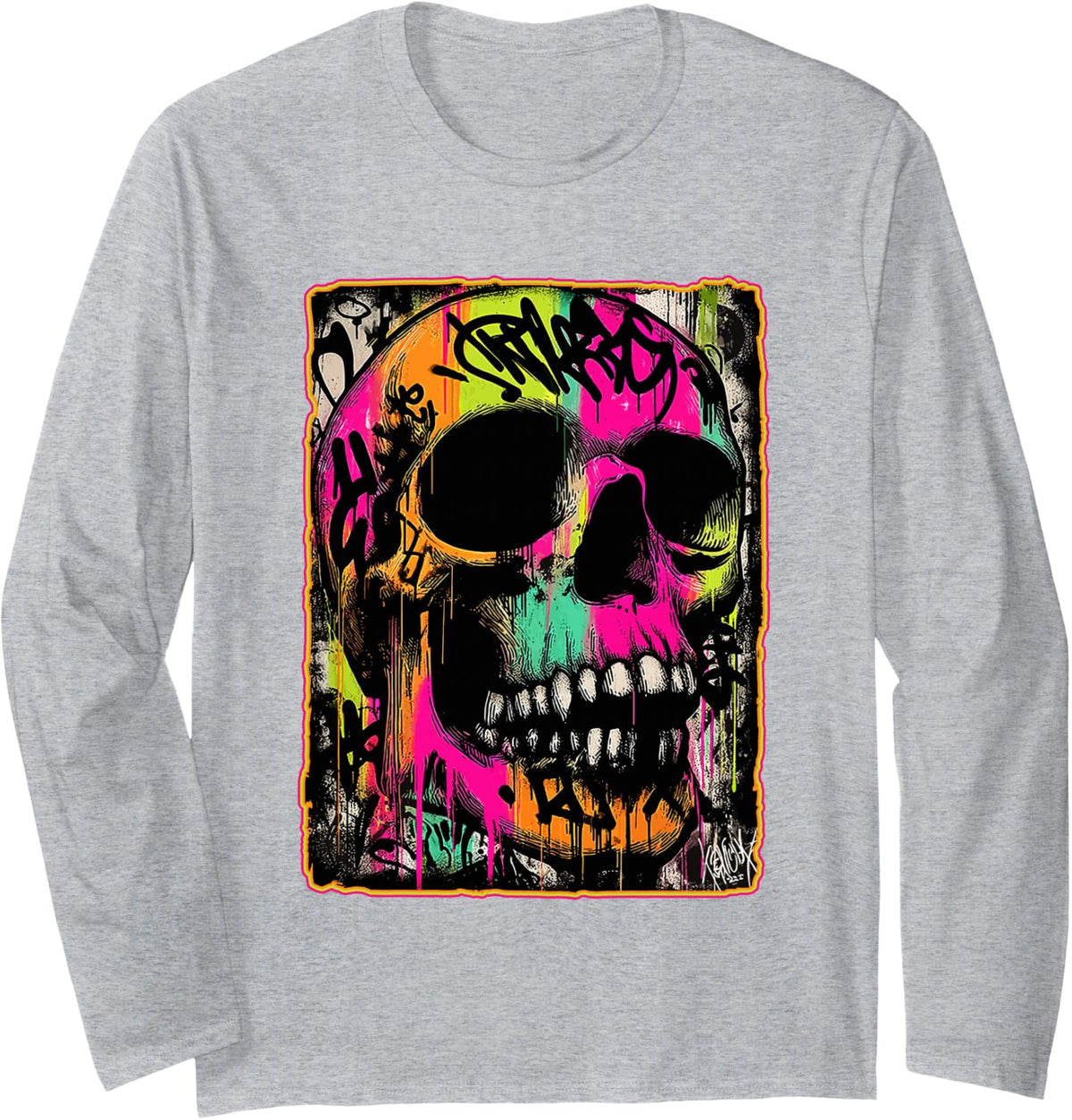 Vibrant Punk Skull Graffiti Grunge Skeleton Art Urban 90s Long Sleeve T-Shirt - Adult Unisex Heather Grey
