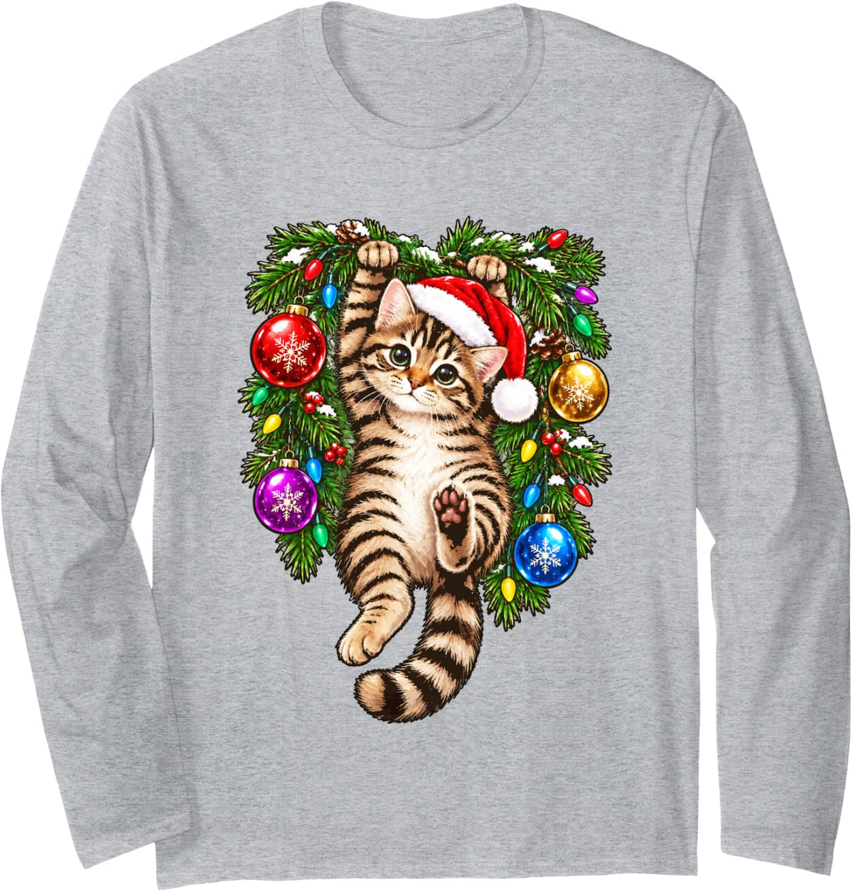 Tabby Cat Christmas Tree and Festive Lights Cute Kitten Xmas Long Sleeve T-Shirt - Adult Unisex Heather Grey
