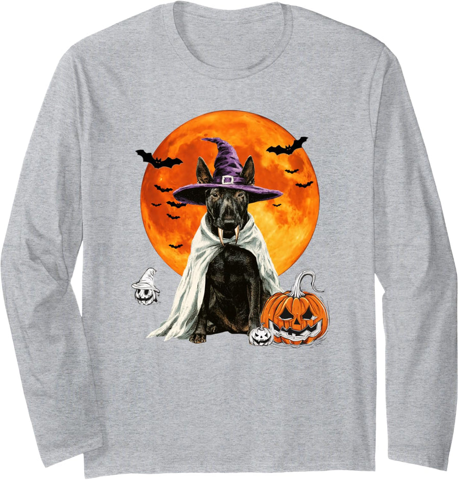 Bull Terrier Dog Bat Funny Halloween Costume Silhouette Long Sleeve T-Shirt - Adult Unisex Heather Grey